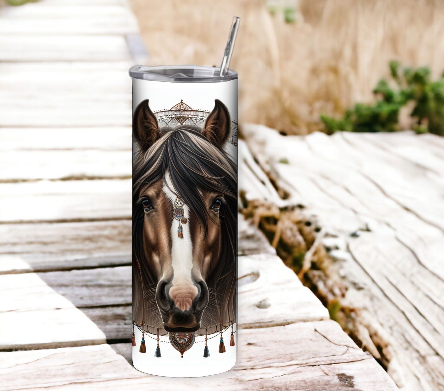 Boho Horse 20 oz Skinny Tumbler with Straw - Stainless Steel, Eco-Friendly, Reusable Metal Straw - Lid Drink Drinkware Water Bottles