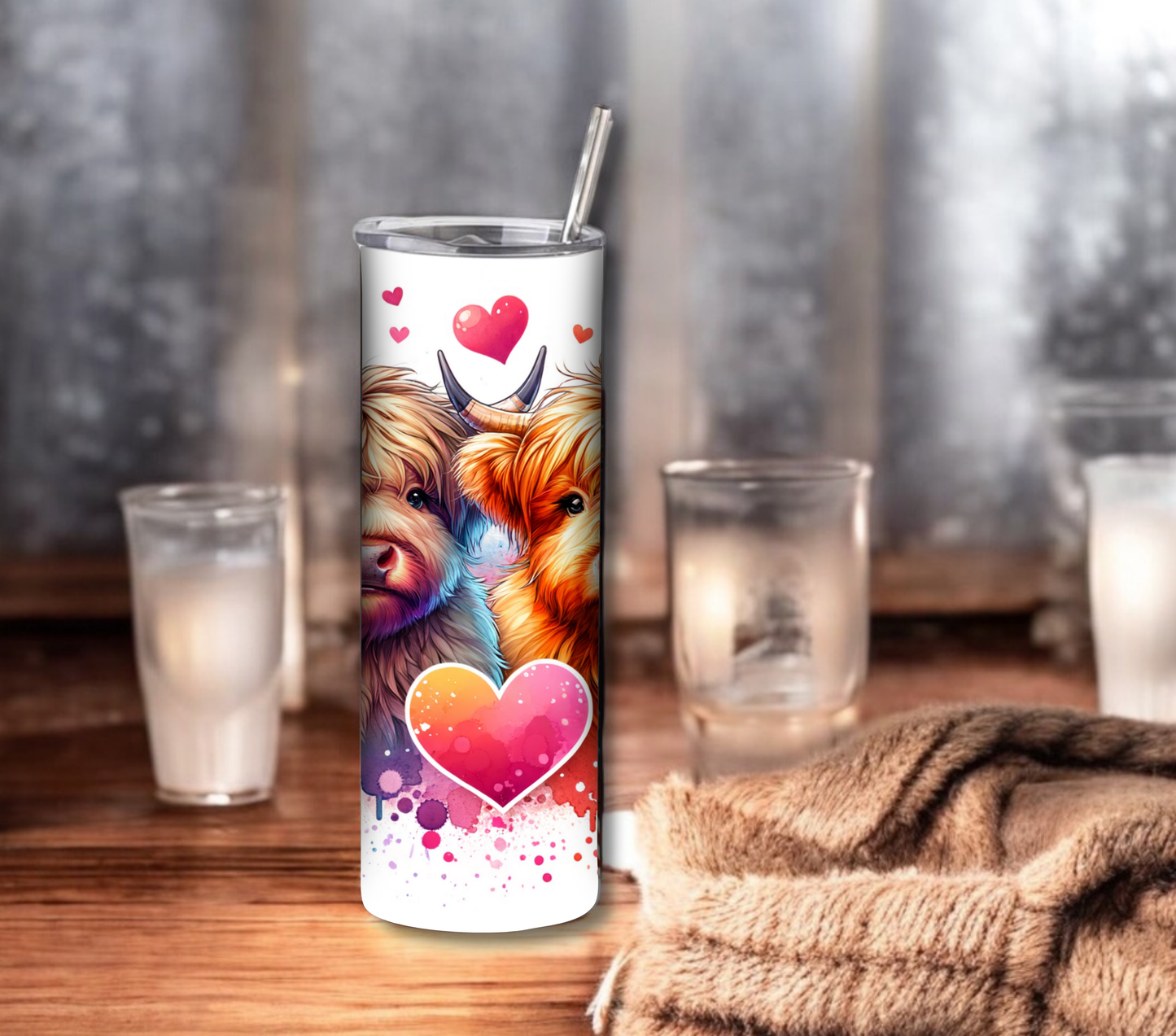 Cute Highland Cow - Valentines Day - 20 oz Skinny Tumbler with Straw - Stainless Steel, Eco-Friendly, Reusable Metal Straw - Lid Drink Drinkware Water Bottles