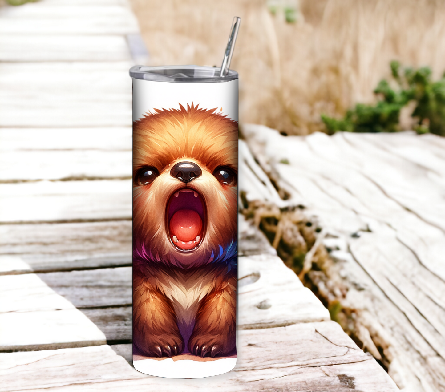 Cute Bear 20 oz Skinny Tumbler with Straw - Stainless Steel, Eco-Friendly, Reusable Metal Straw - Lid Drink Drinkware Water Bottles