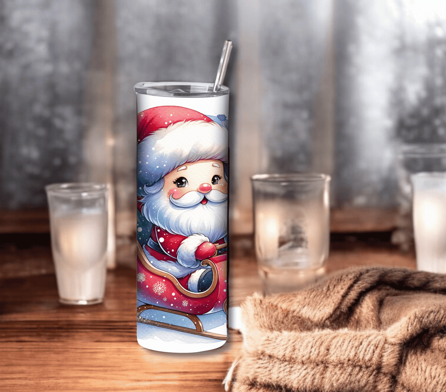 Santa with Sleigh - Christmas 20 oz Skinny Tumbler with Straw - Stainless Steel, Eco-Friendly, Reusable Metal Straw - Lid Drink Drinkware Water Bottles