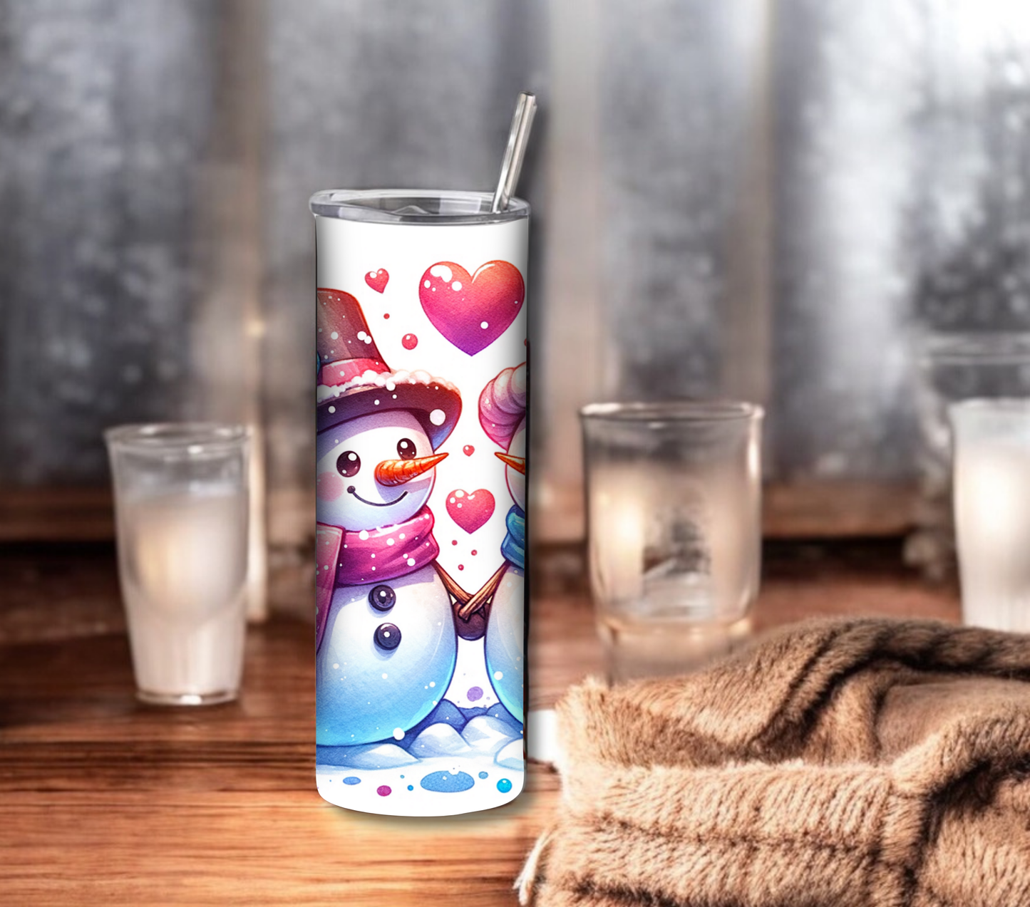 Snowman - Valentines Day - 20 oz Skinny Tumbler with Straw - Stainless Steel, Eco-Friendly, Reusable Metal Straw - Lid Drink Drinkware Water Bottles