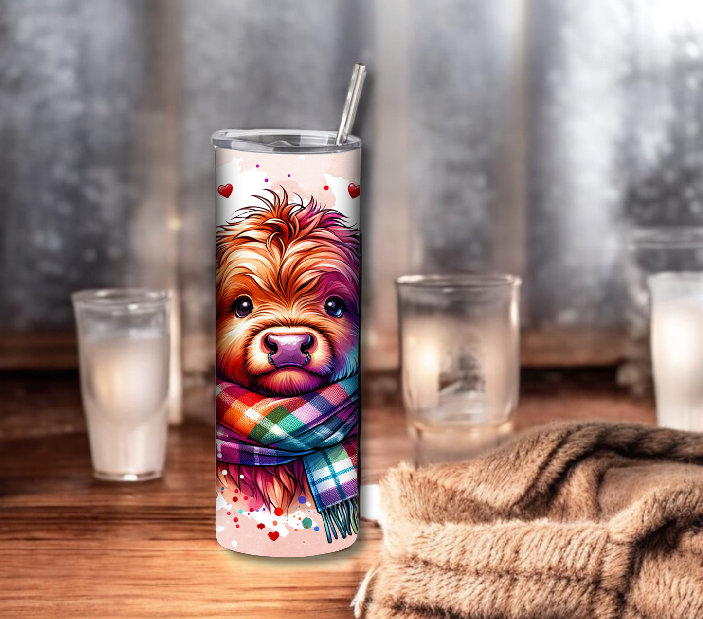 Cute Highland Cow - Valentines Day - 20 oz Skinny Tumbler with Straw - Stainless Steel, Eco-Friendly, Reusable Metal Straw - Lid Drink Drinkware Water Bottles