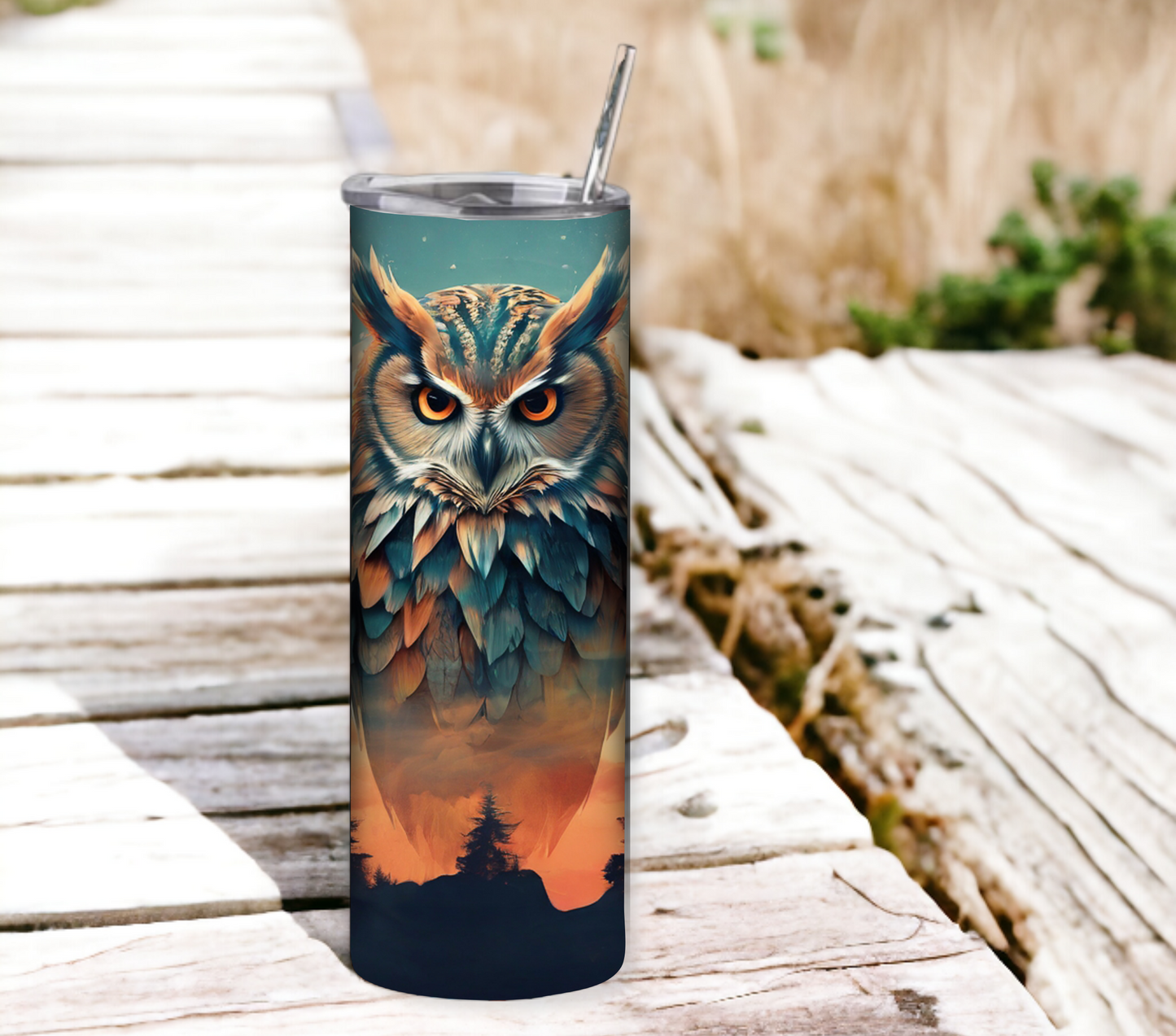 Owl 20 oz Skinny Tumbler with Straw - Stainless Steel, Eco-Friendly, Reusable Metal Straw - Lid Drink Drinkware Water Bottles