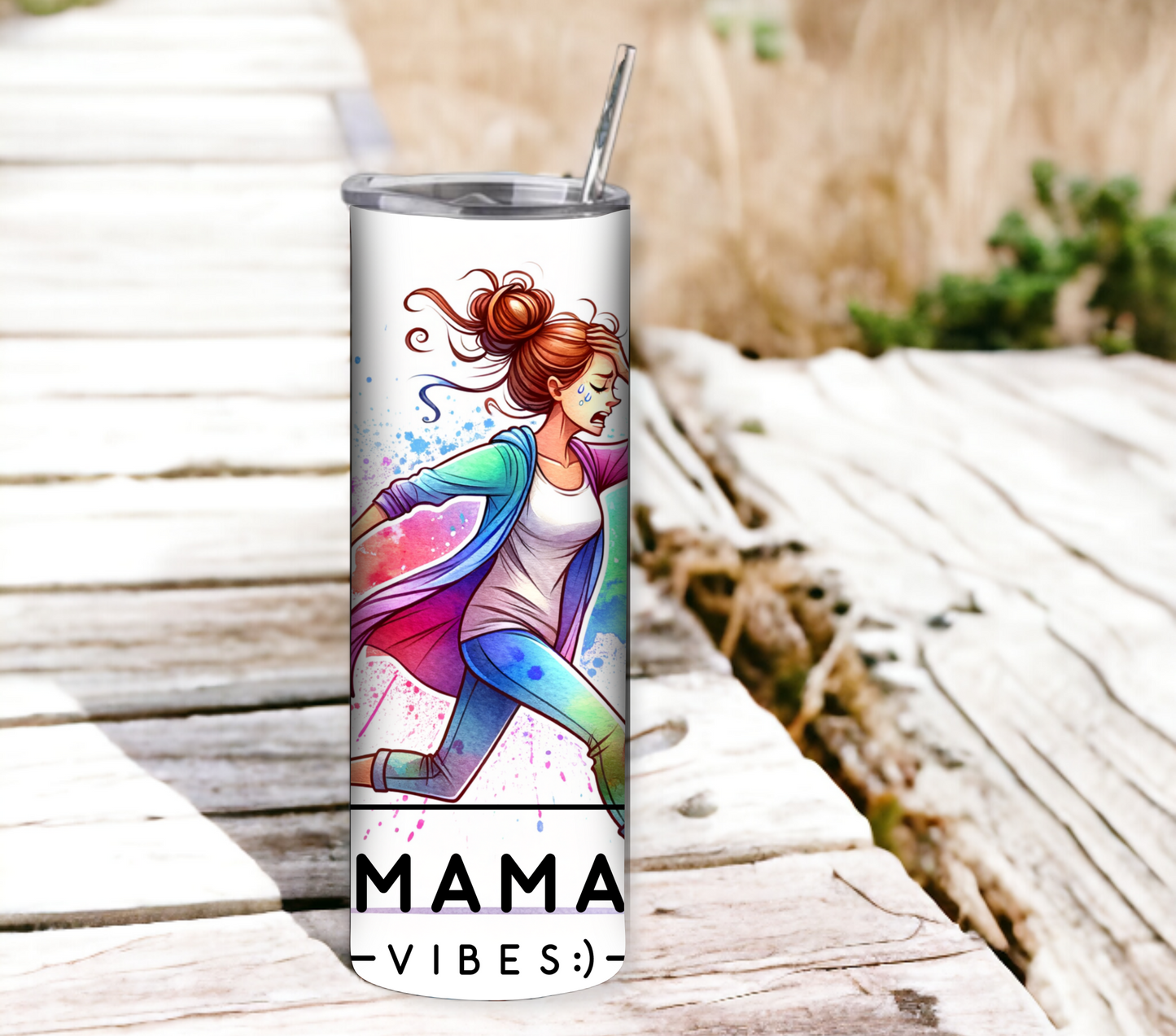 Mama Vibes 20 oz Skinny Tumbler with Straw - Stainless Steel, Eco-Friendly, Reusable Metal Straw - Lid Drink Drinkware Water Bottles