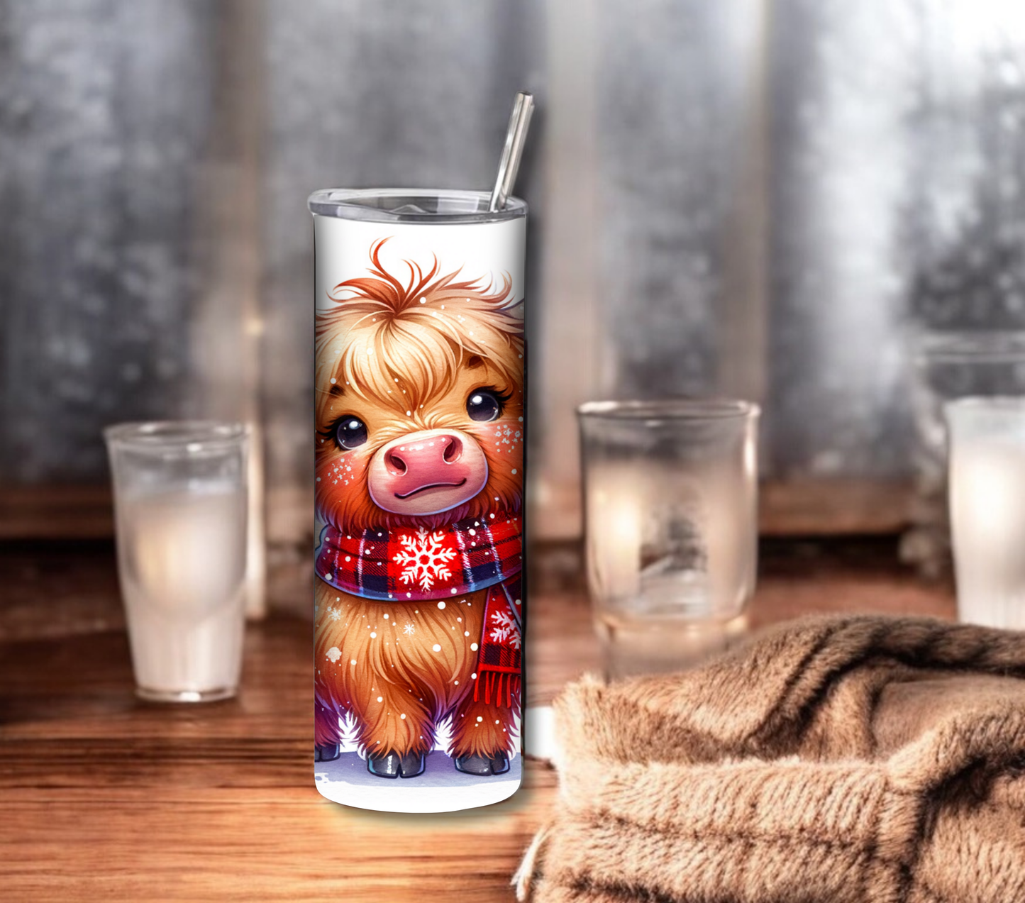 Highland Cow - Christmas 20 oz Skinny Tumbler with Straw - Stainless Steel, Eco-Friendly, Reusable Metal Straw - Lid Drink Drinkware Water Bottles