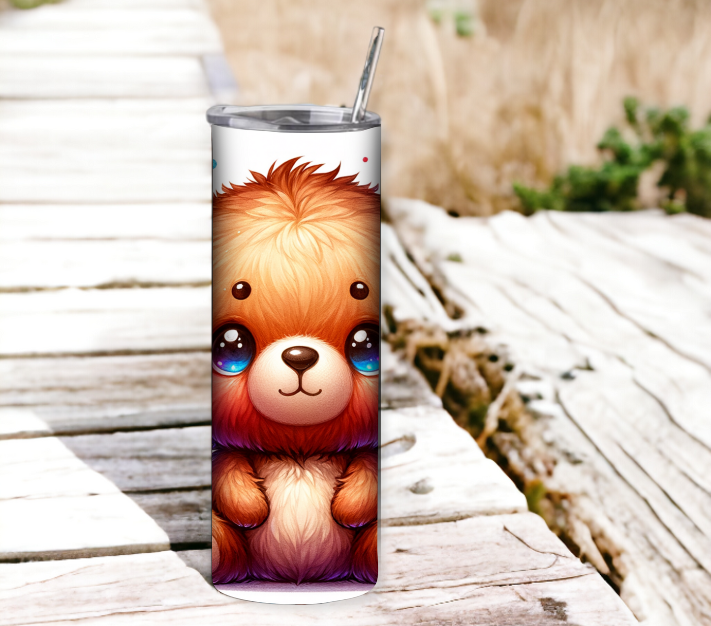 Cute Bear 20 oz Skinny Tumbler with Straw - Stainless Steel, Eco-Friendly, Reusable Metal Straw - Lid Drink Drinkware Water Bottles