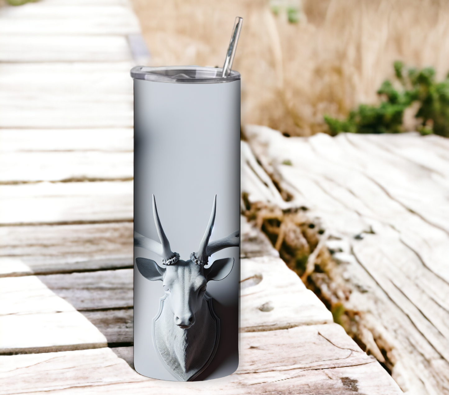 Deer Antlers 20 oz Skinny Tumbler with Straw - Stainless Steel, Eco-Friendly, Reusable Metal Straw - Lid Drink Drinkware Water Bottles