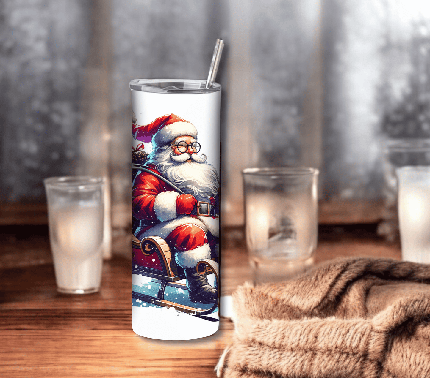 Santa with Sleigh - Christmas 20 oz Skinny Tumbler with Straw - Stainless Steel, Eco-Friendly, Reusable Metal Straw - Lid Drink Drinkware Water Bottles