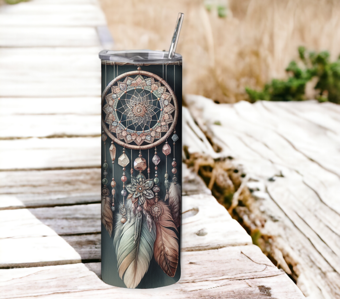 Dreamcatcher 20 oz Skinny Tumbler with Straw - Stainless Steel, Eco-Friendly, Reusable Metal Straw - Lid Drink Drinkware Water Bottles