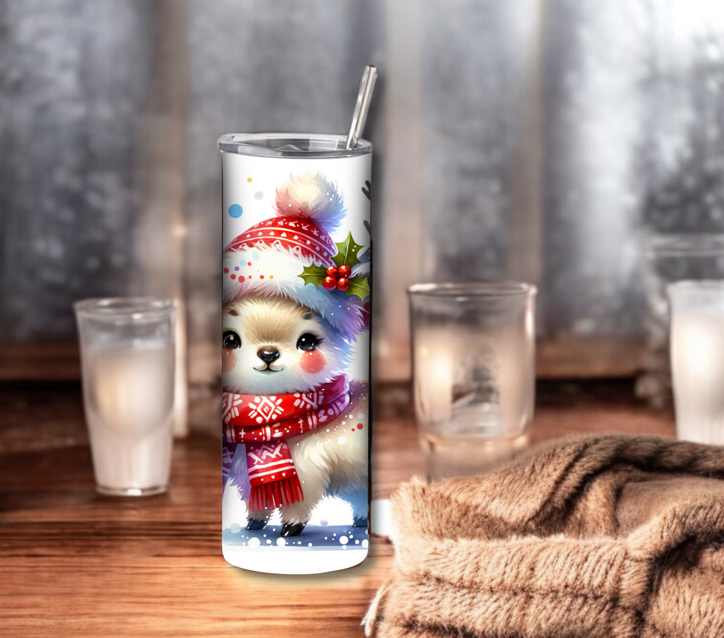 Reindeer - Christmas 20 oz Skinny Tumbler with Straw - Stainless Steel, Eco-Friendly, Reusable Metal Straw - Lid Drink Drinkware Water Bottles