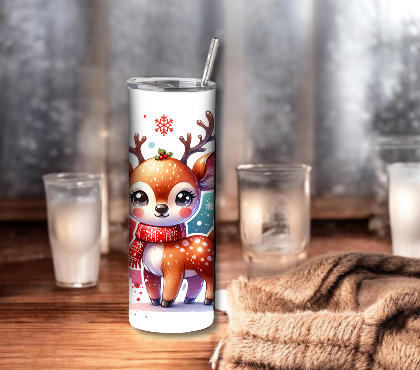 Reindeer - Christmas 20 oz Skinny Tumbler with Straw - Stainless Steel, Eco-Friendly, Reusable Metal Straw - Lid Drink Drinkware Water Bottles