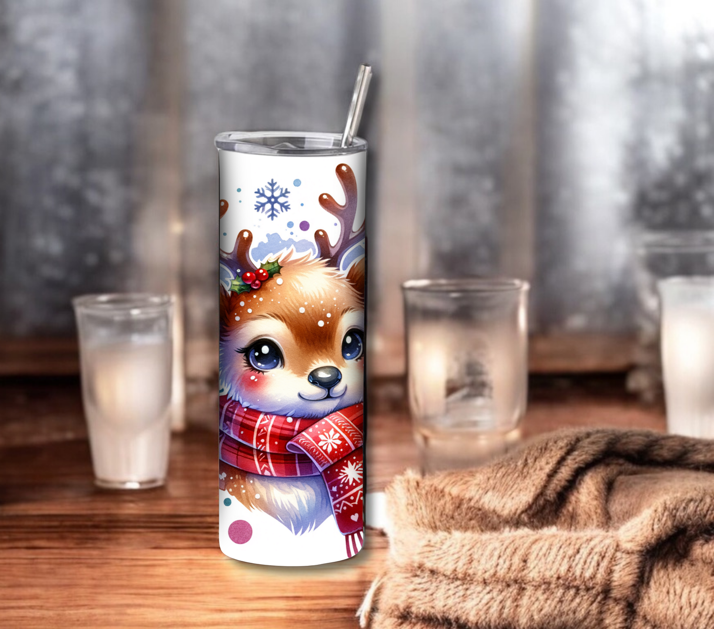 Reindeer - Christmas 20 oz Skinny Tumbler with Straw - Stainless Steel, Eco-Friendly, Reusable Metal Straw - Lid Drink Drinkware Water Bottles