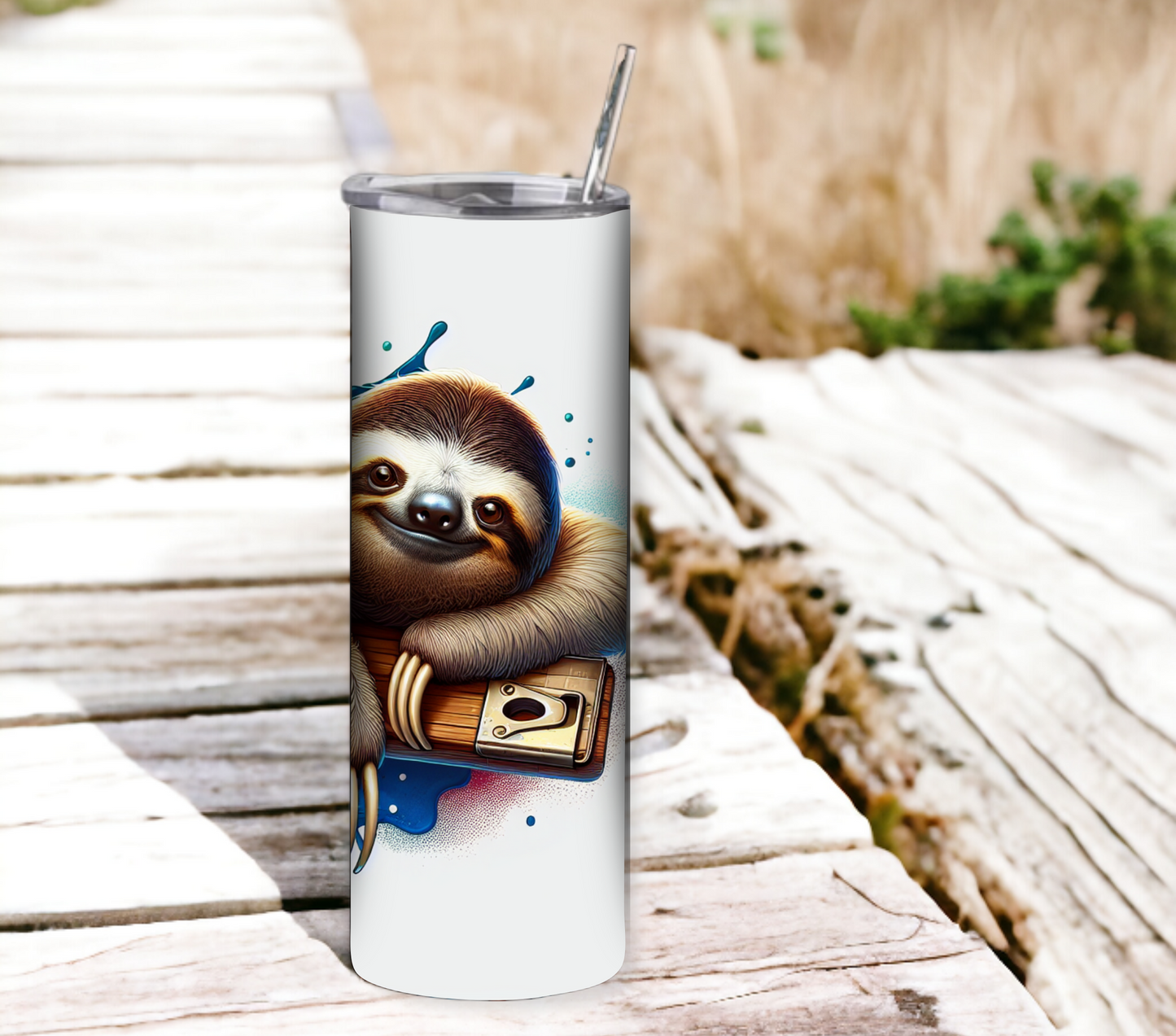 Sloth 20 oz Skinny Tumbler with Straw - Stainless Steel, Eco-Friendly, Reusable Metal Straw - Lid Drink Drinkware Water Bottles