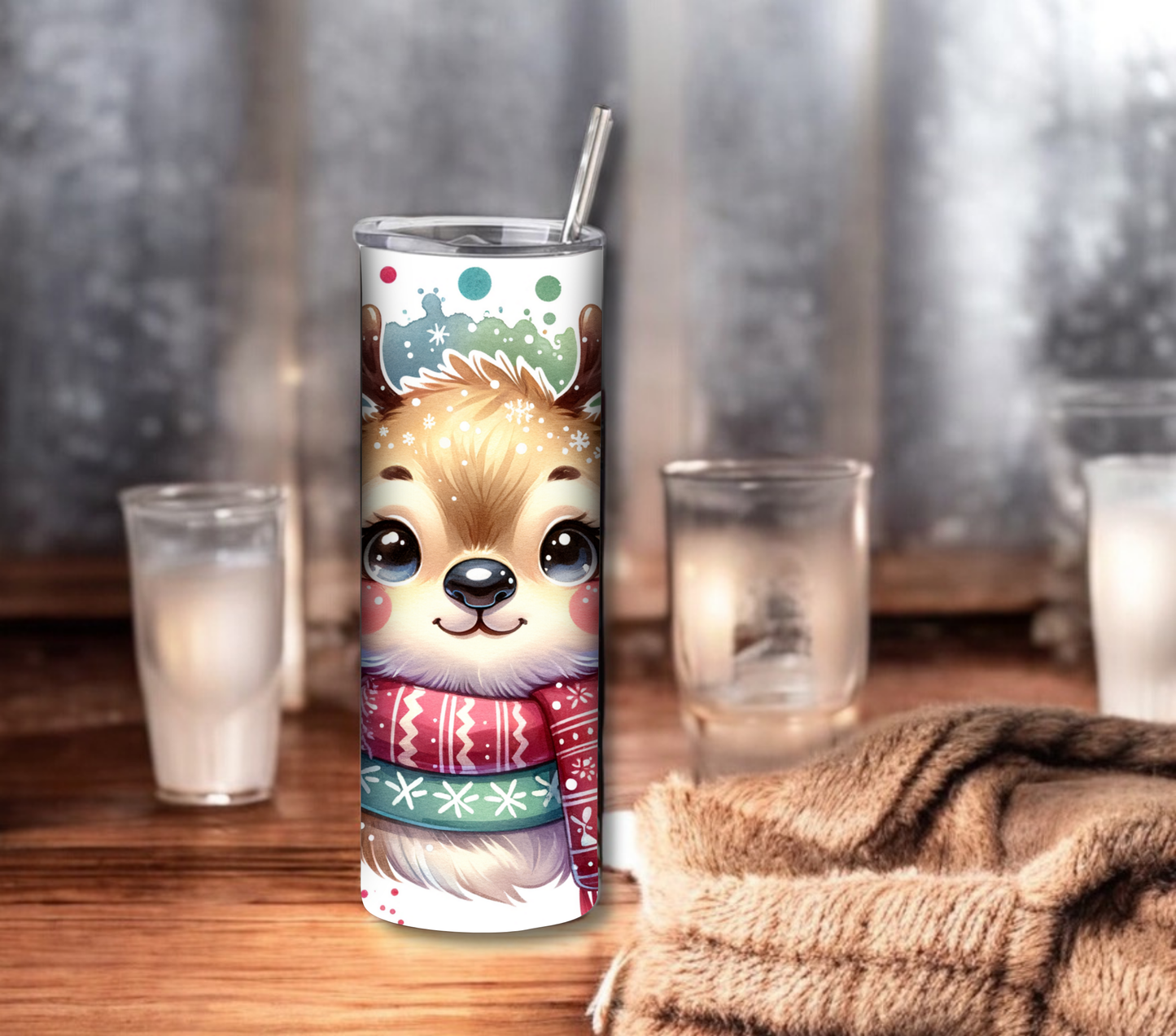 Reindeer - Christmas 20 oz Skinny Tumbler with Straw - Stainless Steel, Eco-Friendly, Reusable Metal Straw - Lid Drink Drinkware Water Bottles