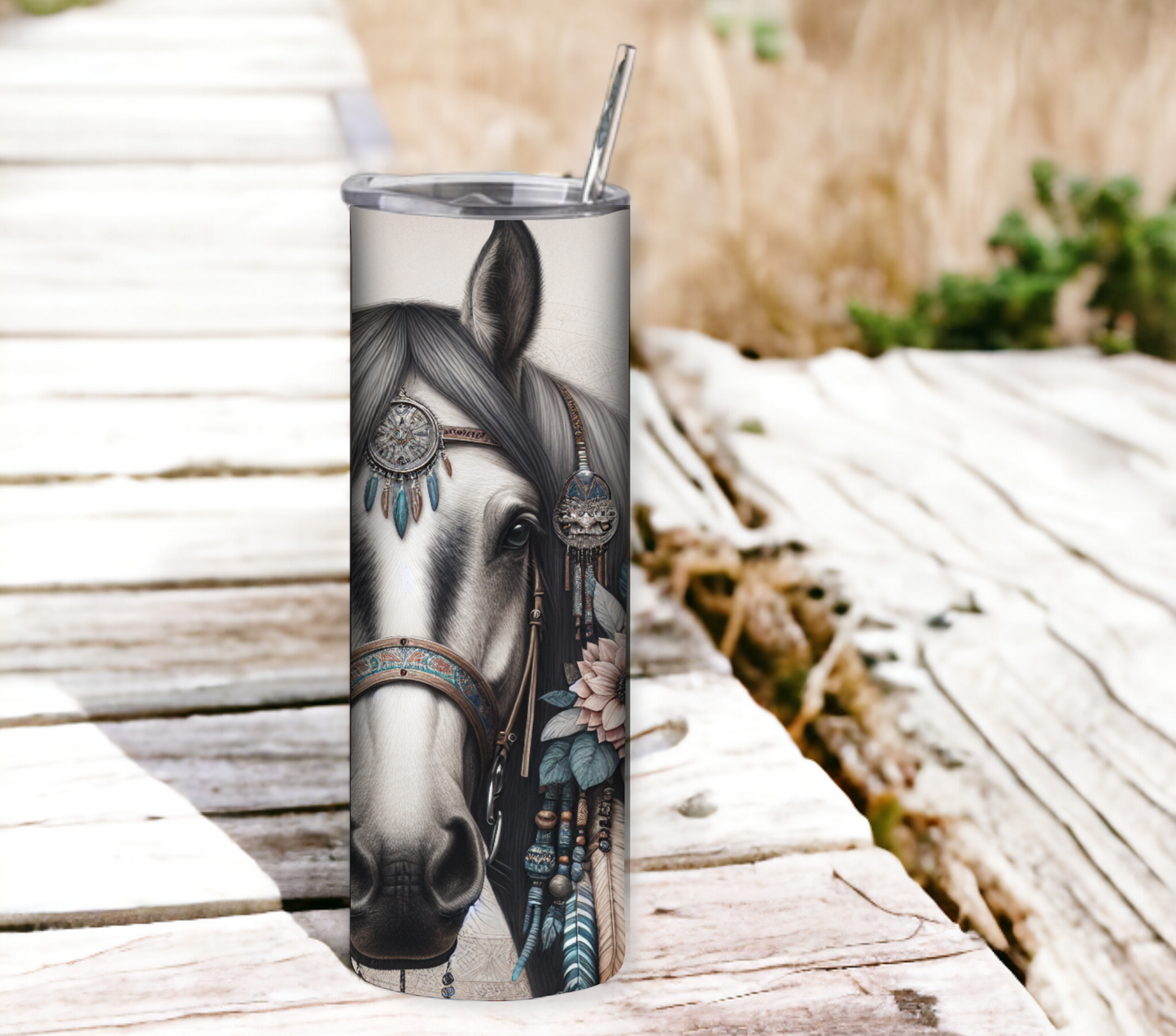 Boho Horse 20 oz Skinny Tumbler with Straw - Stainless Steel, Eco-Friendly, Reusable Metal Straw - Lid Drink Drinkware Water Bottles