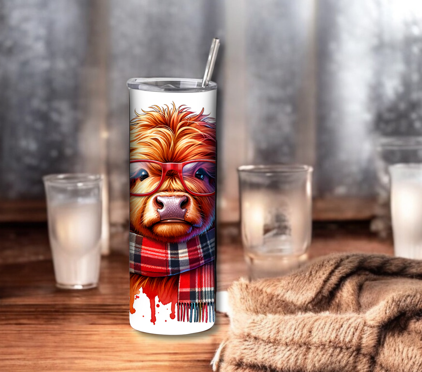 Highland Cow - Christmas 20 oz Skinny Tumbler with Straw - Stainless Steel, Eco-Friendly, Reusable Metal Straw - Lid Drink Drinkware Water Bottles