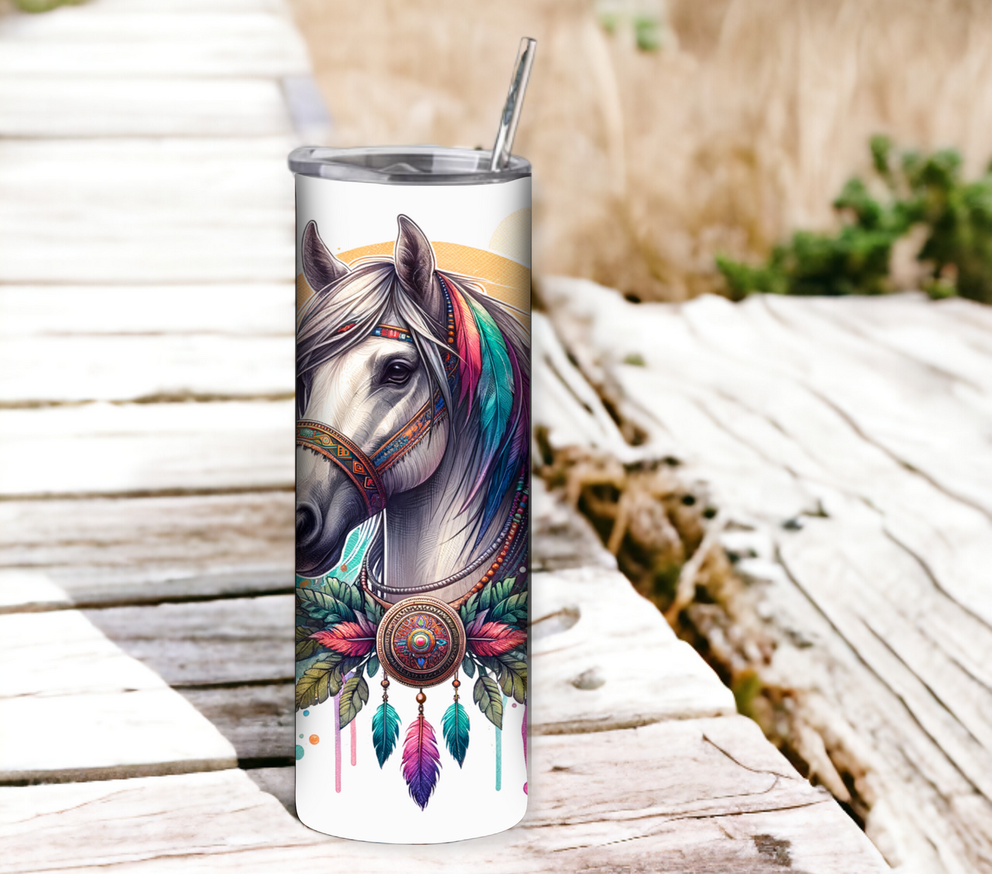 Boho Horse 20 oz Skinny Tumbler with Straw - Stainless Steel, Eco-Friendly, Reusable Metal Straw - Lid Drink Drinkware Water Bottles