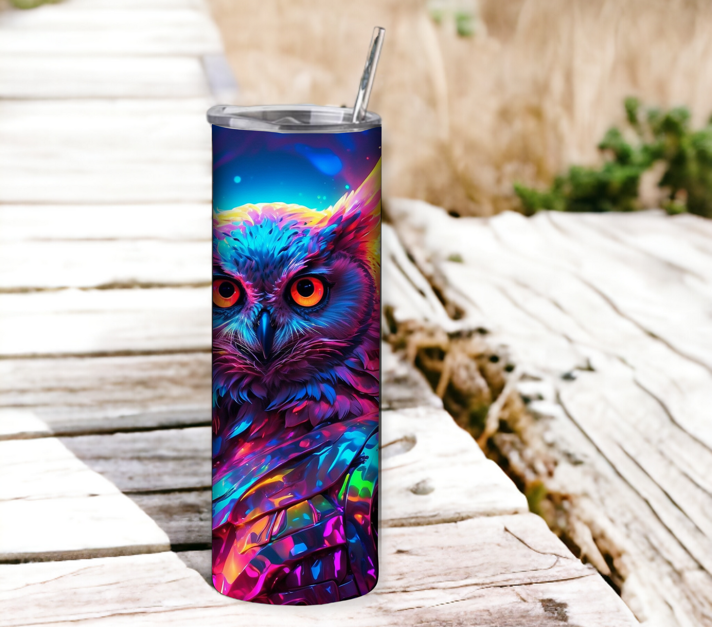 Owl 20 oz Skinny Tumbler with Straw - Stainless Steel, Eco-Friendly, Reusable Metal Straw - Lid Drink Drinkware Water Bottles