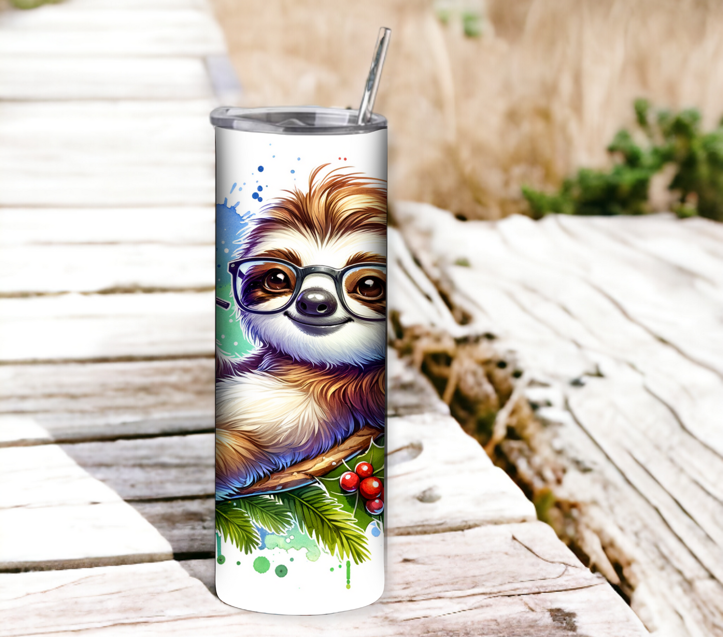 Sloth 20 oz Skinny Tumbler with Straw - Stainless Steel, Eco-Friendly, Reusable Metal Straw - Lid Drink Drinkware Water Bottles