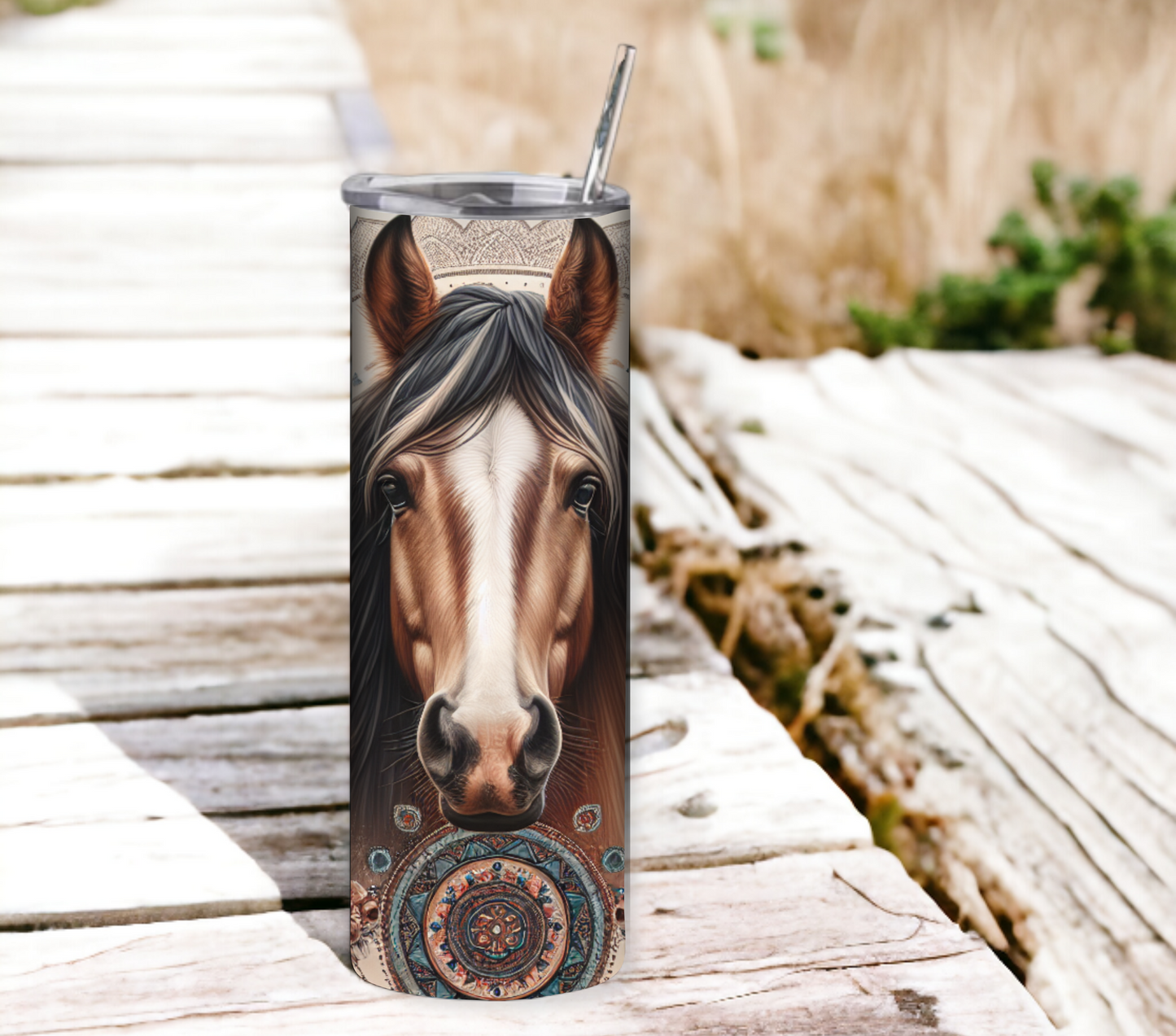 Boho Horse 20 oz Skinny Tumbler with Straw - Stainless Steel, Eco-Friendly, Reusable Metal Straw - Lid Drink Drinkware Water Bottles