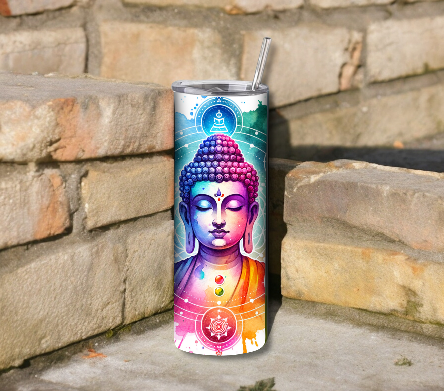 Buddha with Chakras 20 oz Skinny Tumbler with Straw - Stainless Steel, Eco-Friendly, Reusable Metal Straw - Lid Drink Drinkware Water Bottles