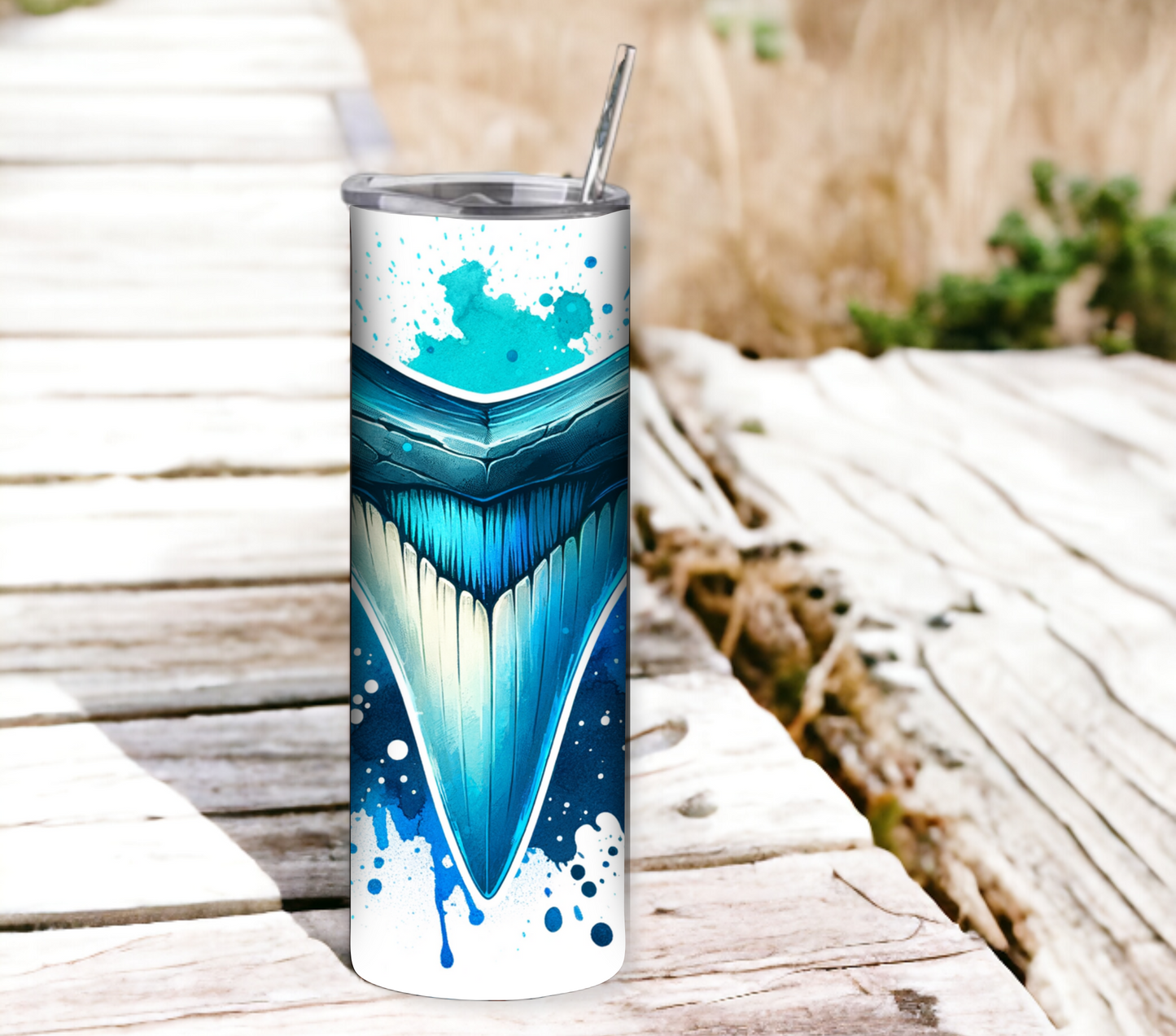 Shark Tooth 20 oz Skinny Tumbler with Straw - Stainless Steel, Eco-Friendly, Reusable Metal Straw - Lid Drink Drinkware Water Bottles