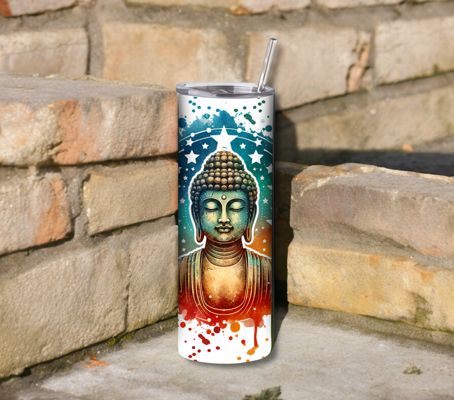 Buddha with Stars 20 oz Skinny Tumbler with Straw - Stainless Steel, Eco-Friendly, Reusable Metal Straw - Lid Drink Drinkware Water Bottles