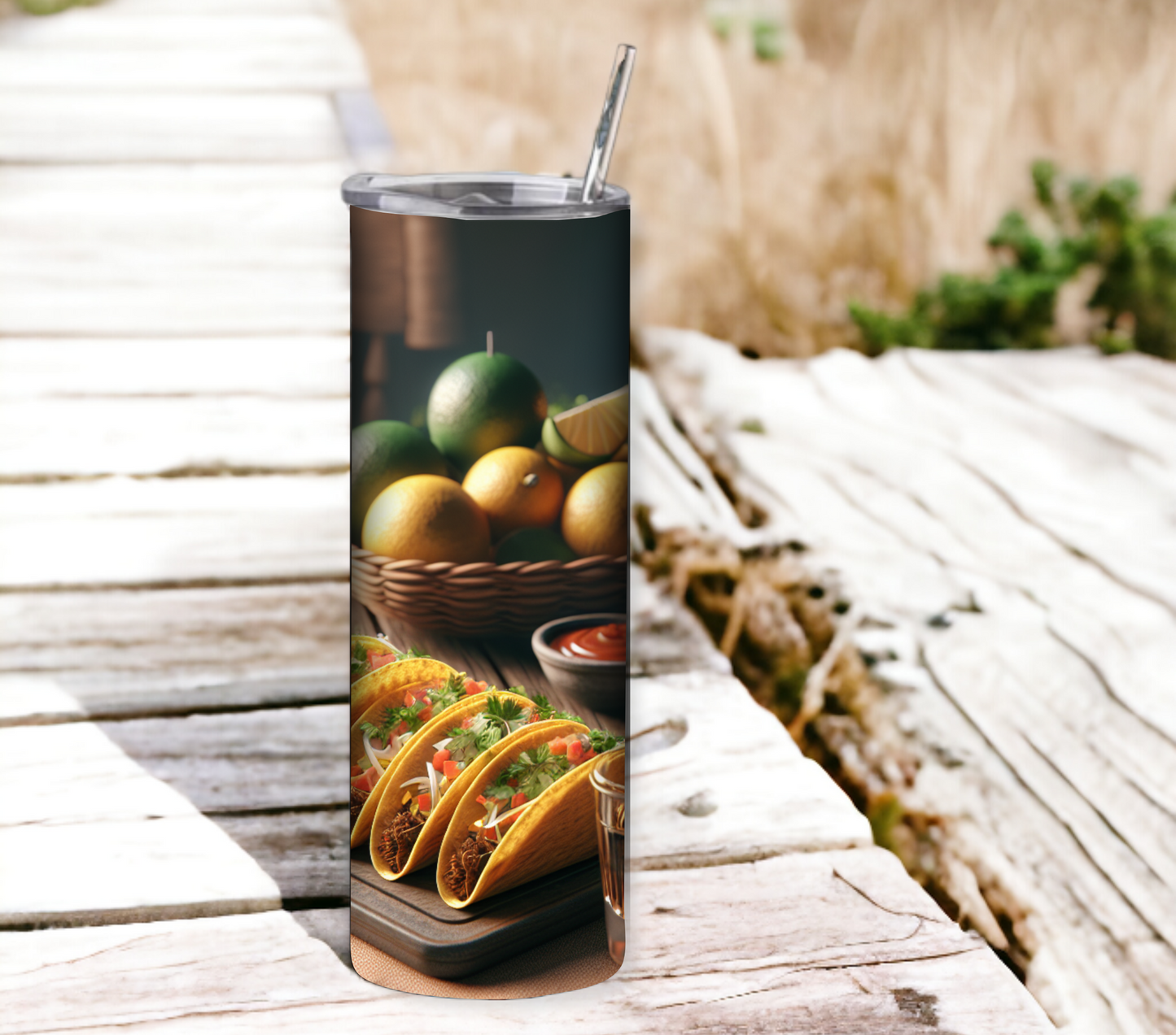 Tacos & Tequila 20 oz Skinny Tumbler with Straw - Stainless Steel, Eco-Friendly, Reusable Metal Straw - Lid Drink Drinkware Water Bottles