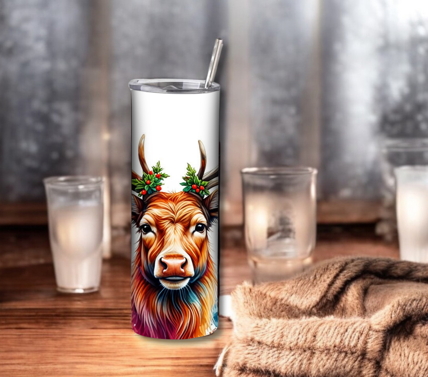 Reindeer - Christmas 20 oz Skinny Tumbler with Straw - Stainless Steel, Eco-Friendly, Reusable Metal Straw - Lid Drink Drinkware Water Bottles