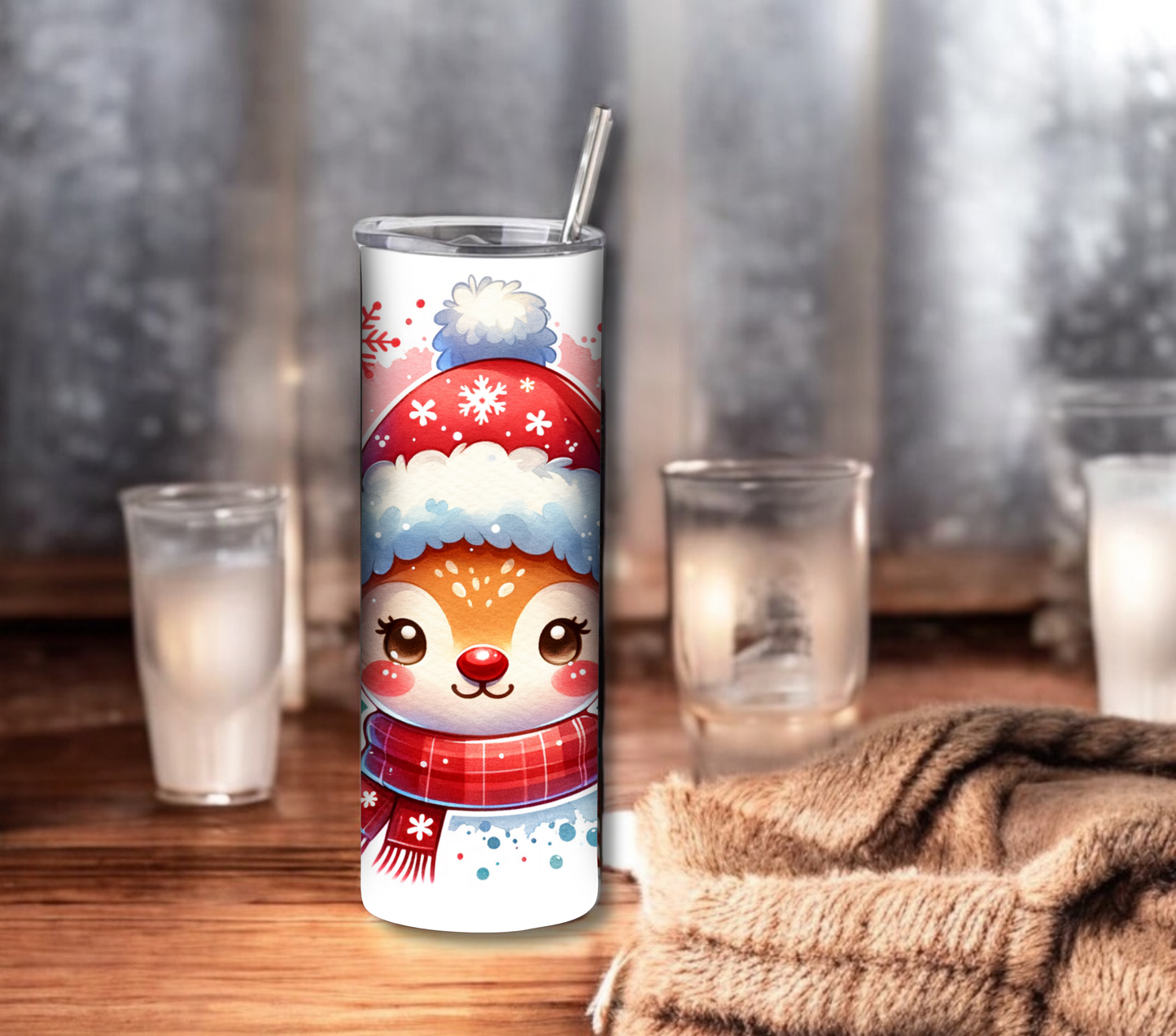 Reindeer - Christmas 20 oz Skinny Tumbler with Straw - Stainless Steel, Eco-Friendly, Reusable Metal Straw - Lid Drink Drinkware Water Bottles