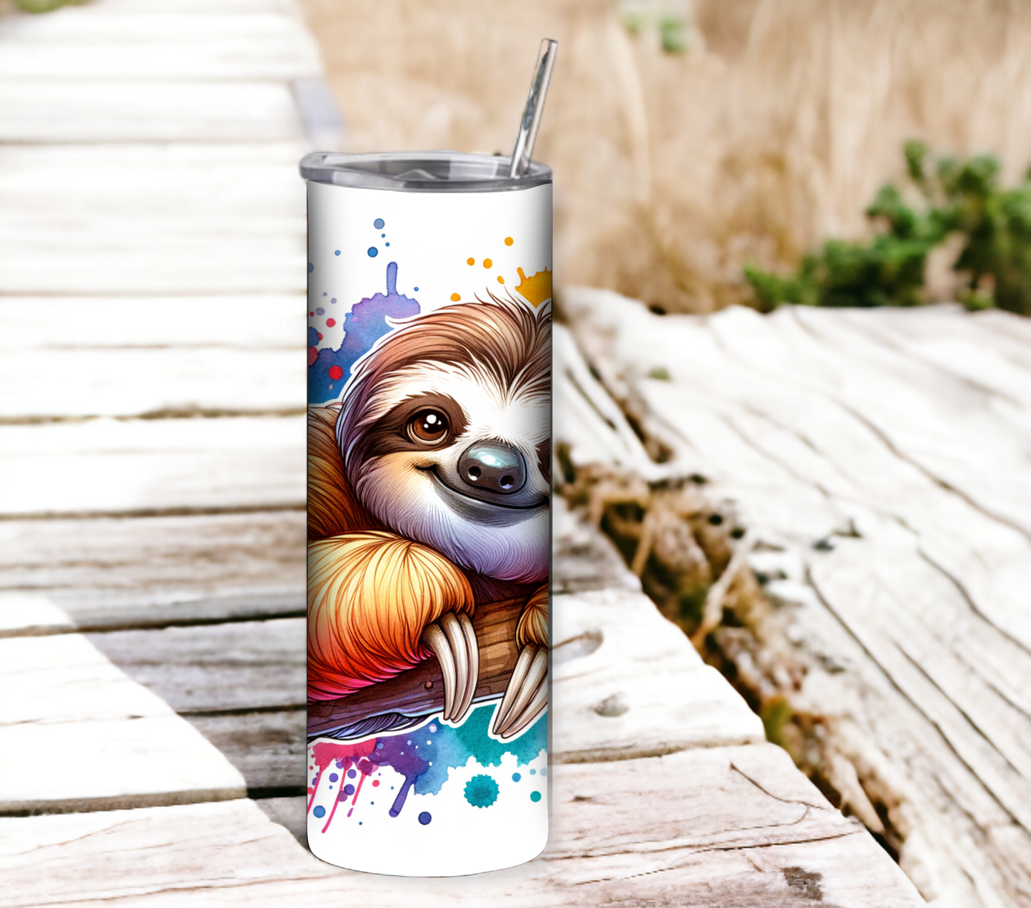 Sloth 20 oz Skinny Tumbler with Straw - Stainless Steel, Eco-Friendly, Reusable Metal Straw - Lid Drink Drinkware Water Bottles