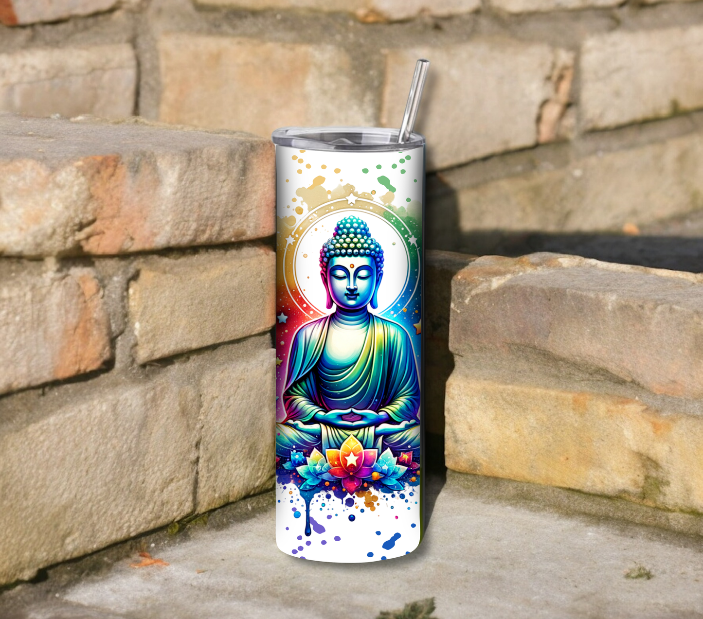 Buddha 20 oz Skinny Tumbler with Straw - Stainless Steel, Eco-Friendly, Reusable Metal Straw - Lid Drink Drinkware Water Bottles