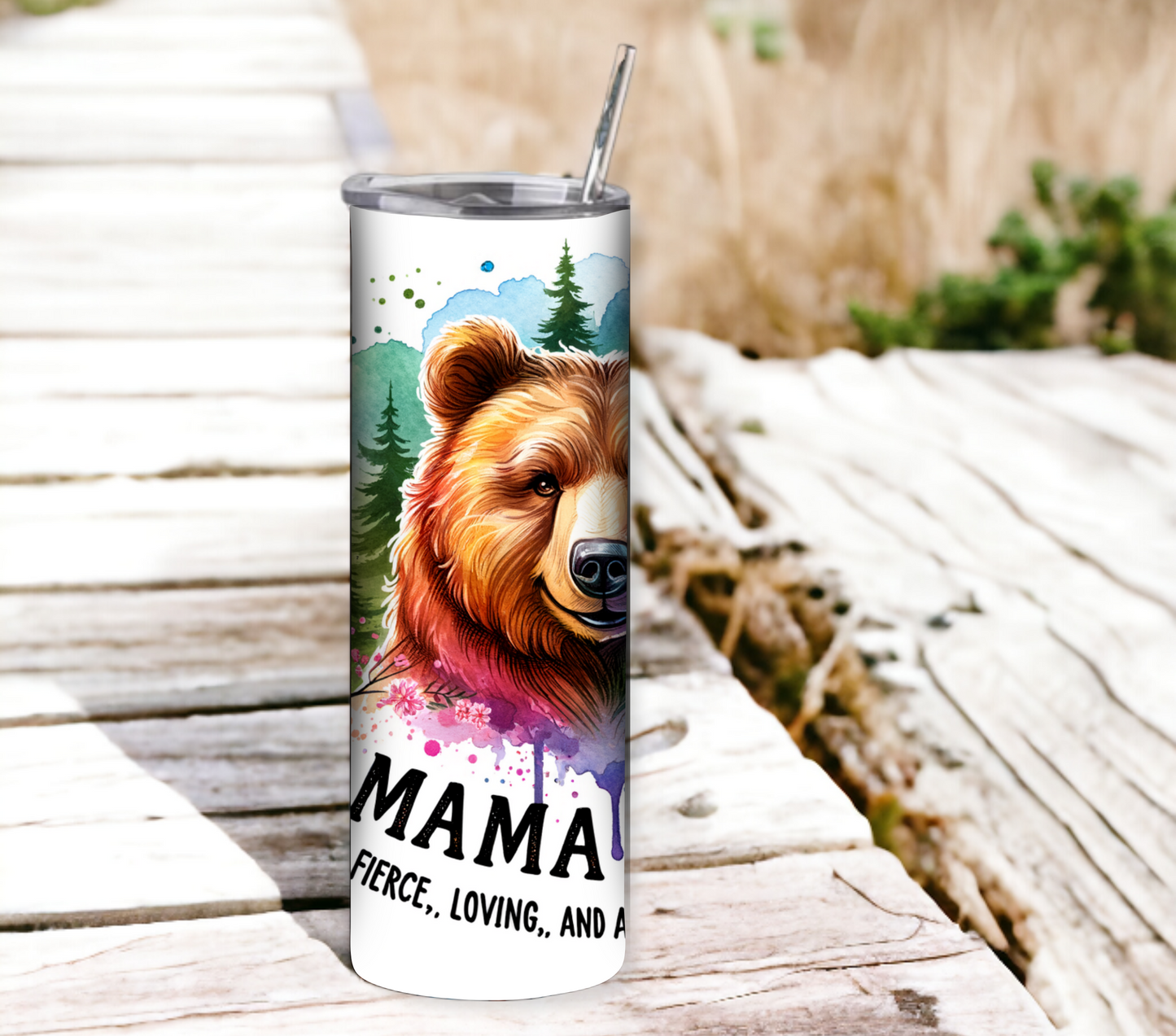 Mama Bear 20 oz Skinny Tumbler with Straw - Stainless Steel, Eco-Friendly, Reusable Metal Straw - Lid Drink Drinkware Water Bottles