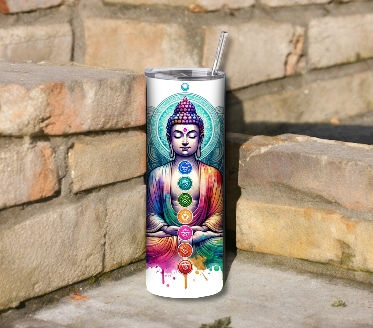 Buddha with Chakras 20 oz Skinny Tumbler with Straw - Stainless Steel, Eco-Friendly, Reusable Metal Straw - Lid Drink Drinkware Water Bottles