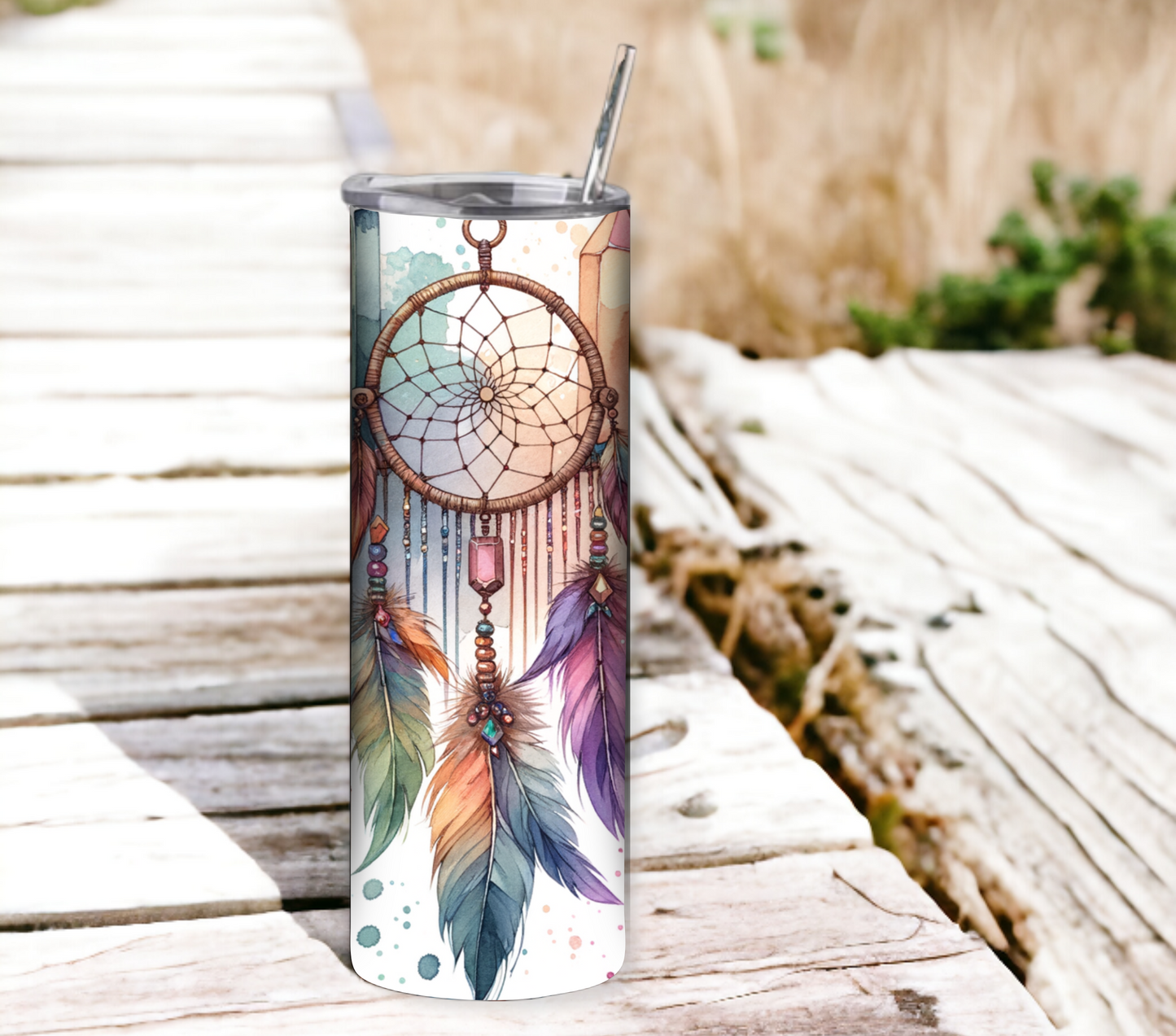 Dreamcatcher 20 oz Skinny Tumbler with Straw - Stainless Steel, Eco-Friendly, Reusable Metal Straw - Lid Drink Drinkware Water Bottles