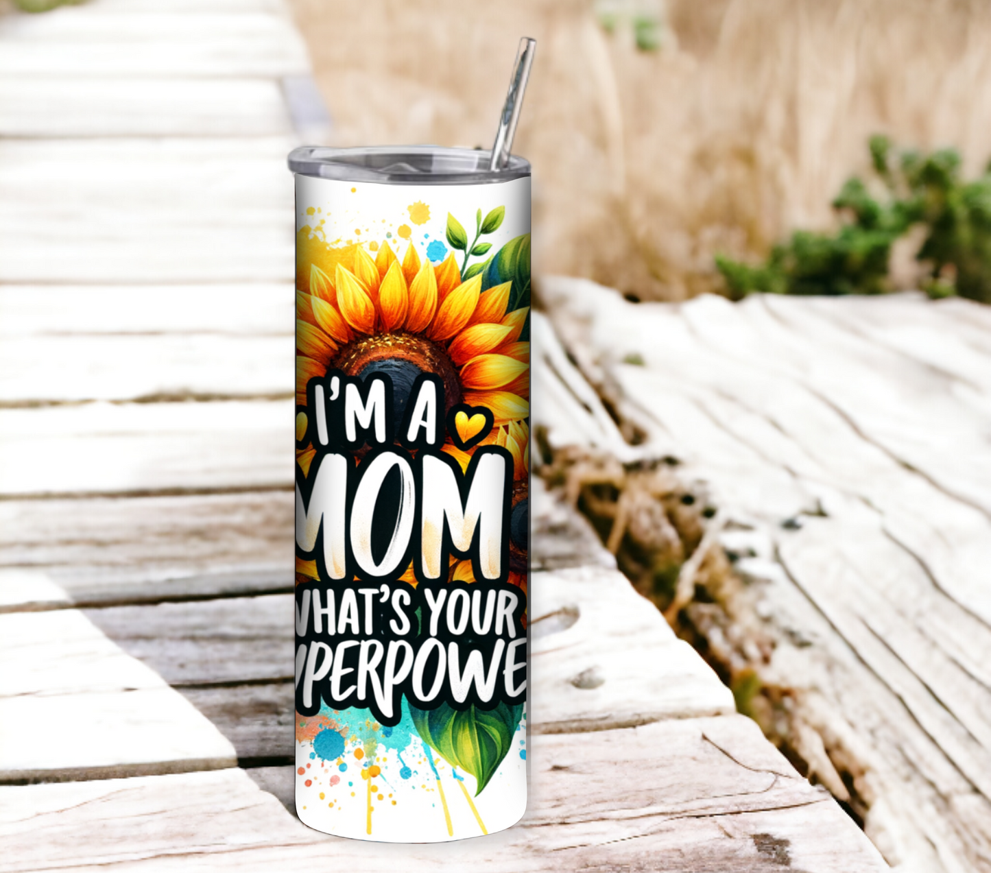 Sunflower Mom - Mother's Day20 oz Skinny Tumbler with Straw - Stainless Steel, Eco-Friendly, Reusable Metal Straw - Lid Drink Drinkware Water Bottles