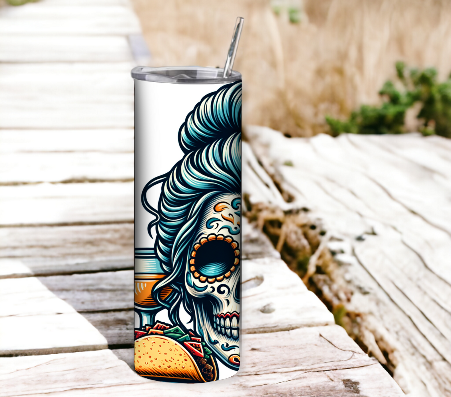 Tacos & Tequila 20 oz Skinny Tumbler with Straw - Stainless Steel, Eco-Friendly, Reusable Metal Straw - Lid Drink Drinkware Water Bottles