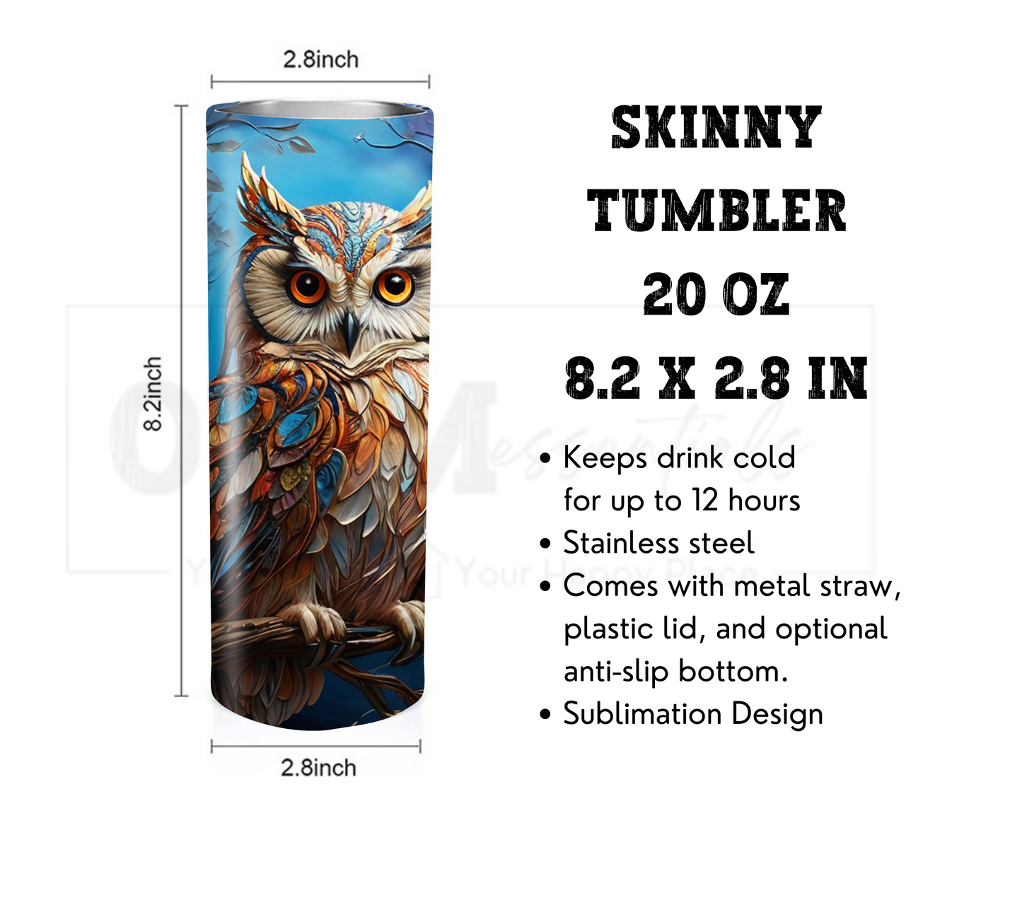 Owl 20 oz Skinny Tumbler with Straw - Stainless Steel, Eco-Friendly, Reusable Metal Straw - Lid Drink Drinkware Water Bottles