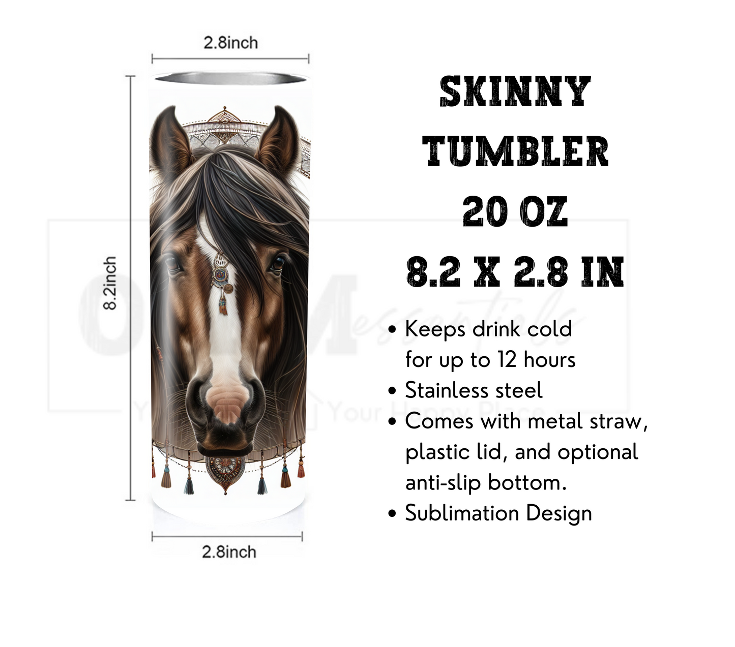 Boho Horse 20 oz Skinny Tumbler with Straw - Stainless Steel, Eco-Friendly, Reusable Metal Straw - Lid Drink Drinkware Water Bottles