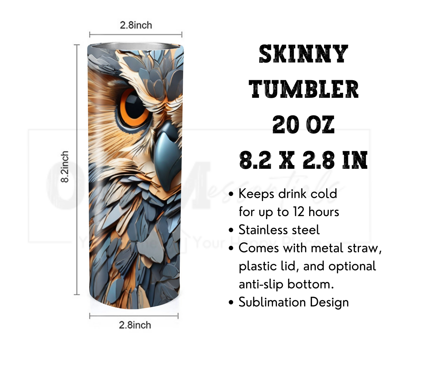 Owl 20 oz Skinny Tumbler with Straw - Stainless Steel, Eco-Friendly, Reusable Metal Straw - Lid Drink Drinkware Water Bottles