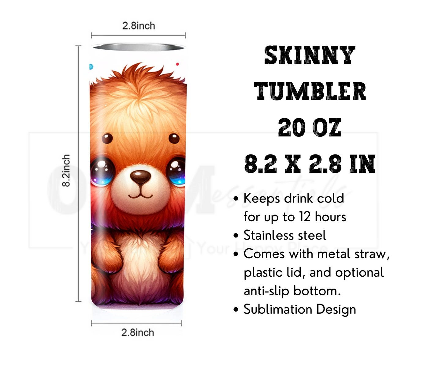 Cute Bear 20 oz Skinny Tumbler with Straw - Stainless Steel, Eco-Friendly, Reusable Metal Straw - Lid Drink Drinkware Water Bottles