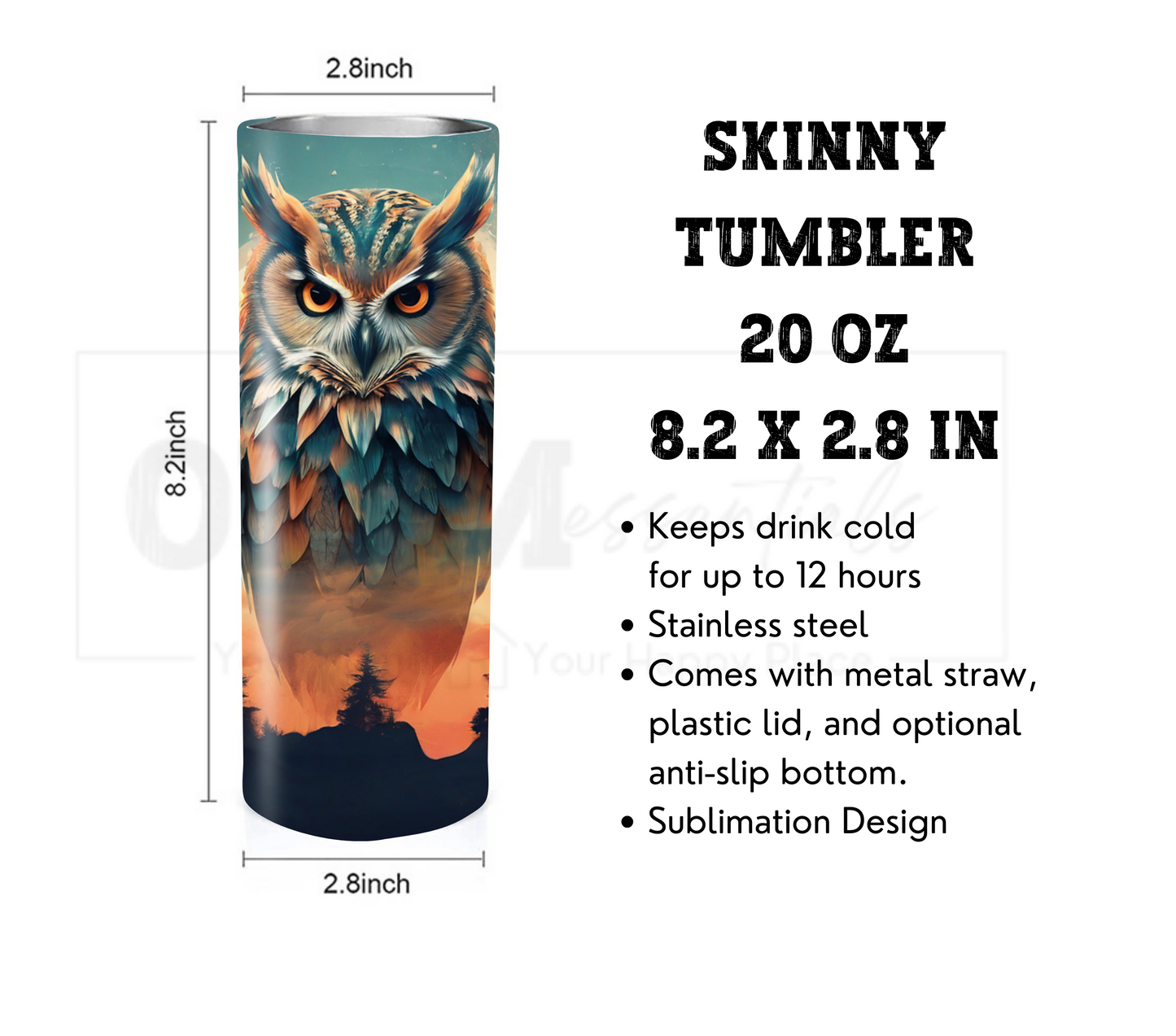 Owl 20 oz Skinny Tumbler with Straw - Stainless Steel, Eco-Friendly, Reusable Metal Straw - Lid Drink Drinkware Water Bottles