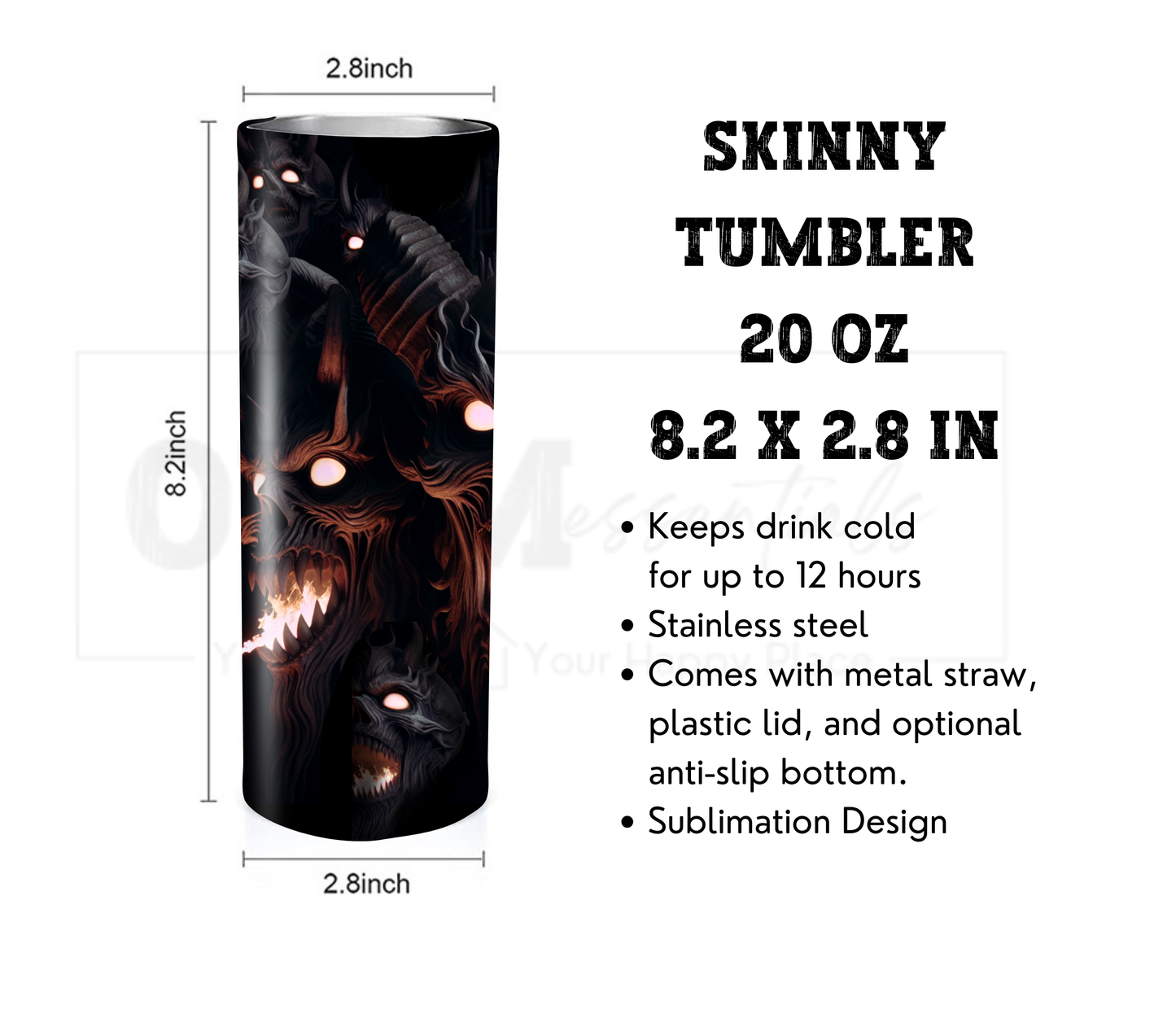 Fire Breathing Demons 20 oz Skinny Tumbler with Straw - Stainless Steel, Eco-Friendly, Reusable Metal Straw - Lid Drink Drinkware Water Bottles