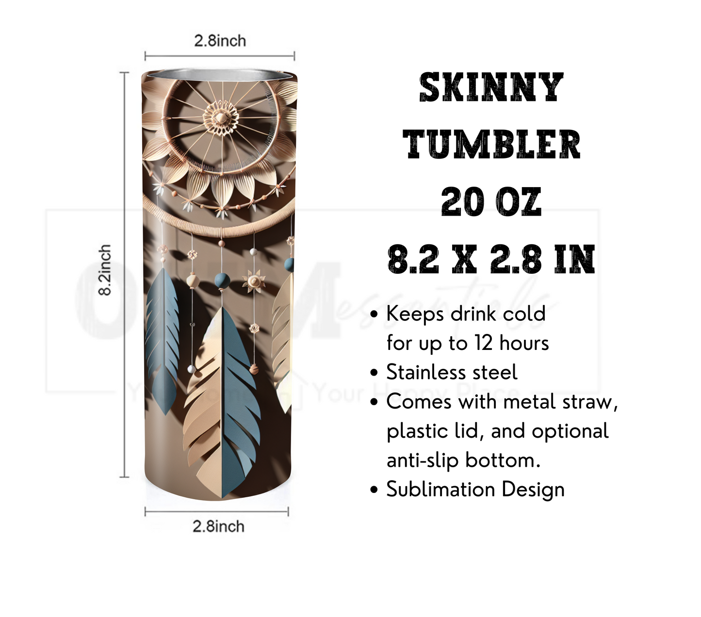 Dreamcatcher 20 oz Skinny Tumbler with Straw - Stainless Steel, Eco-Friendly, Reusable Metal Straw - Lid Drink Drinkware Water Bottles