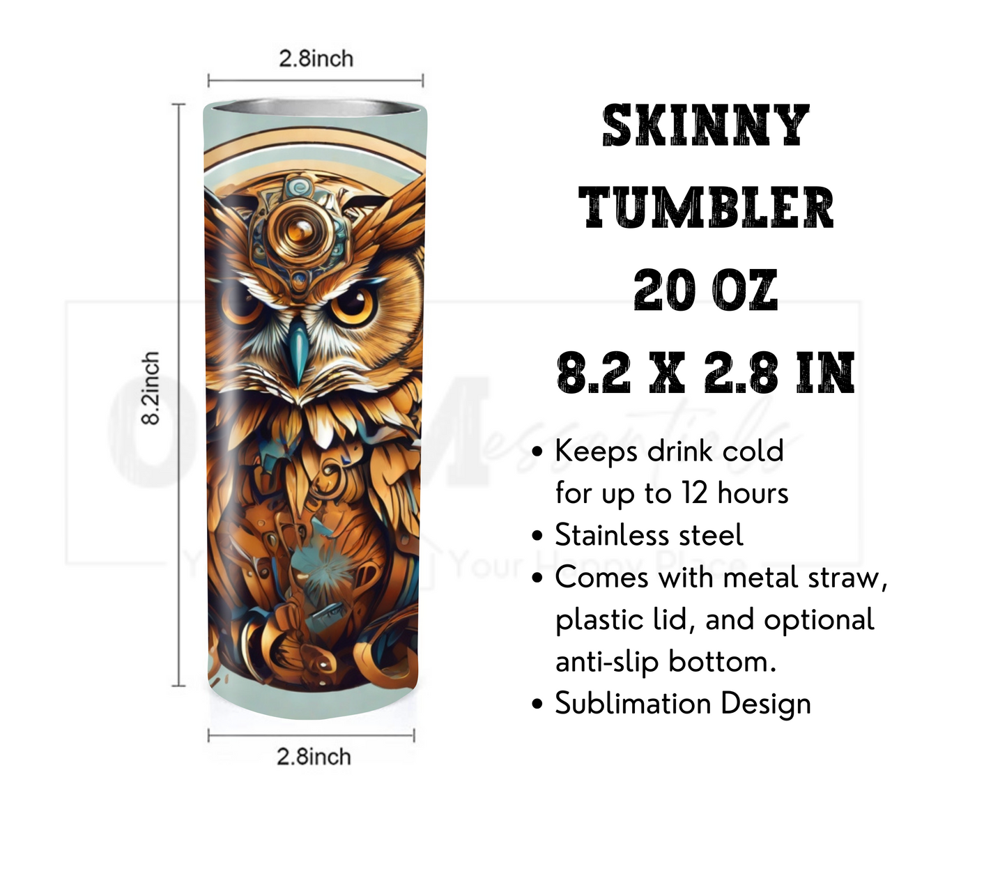 Owl 20 oz Skinny Tumbler with Straw - Stainless Steel, Eco-Friendly, Reusable Metal Straw - Lid Drink Drinkware Water Bottles