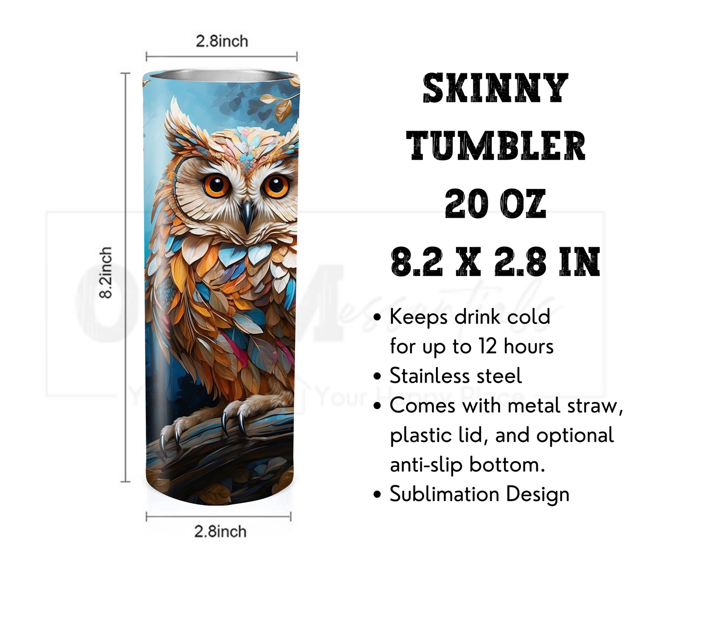 Owl 20 oz Skinny Tumbler with Straw - Stainless Steel, Eco-Friendly, Reusable Metal Straw - Lid Drink Drinkware Water Bottles