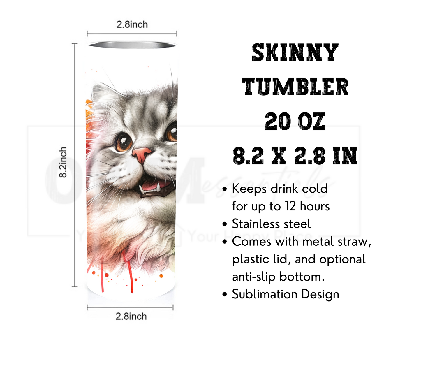 Cat Lovers 20 oz Skinny Tumbler with Straw - Stainless Steel, Eco-Friendly, Reusable Metal Straw - Lid Drink Drinkware Water Bottles