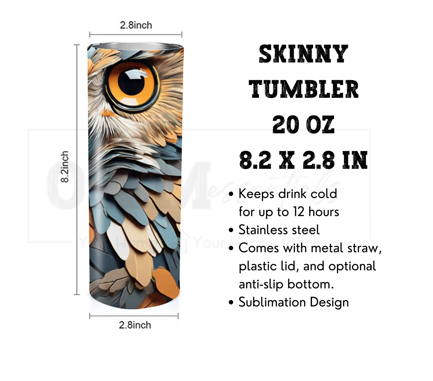 Owl 20 oz Skinny Tumbler with Straw - Stainless Steel, Eco-Friendly, Reusable Metal Straw - Lid Drink Drinkware Water Bottles