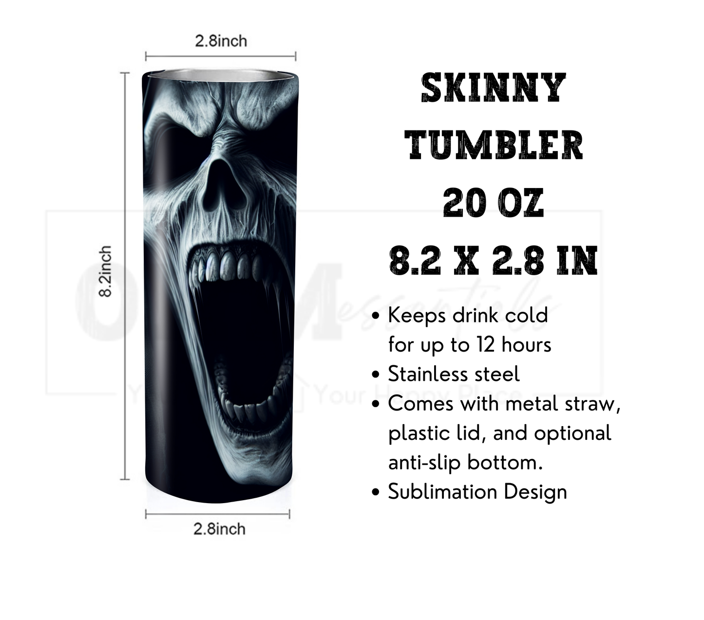 Screaming Demon 20 oz Skinny Tumbler with Straw - Stainless Steel, Eco-Friendly, Reusable Metal Straw - Lid Drink Drinkware Water Bottles