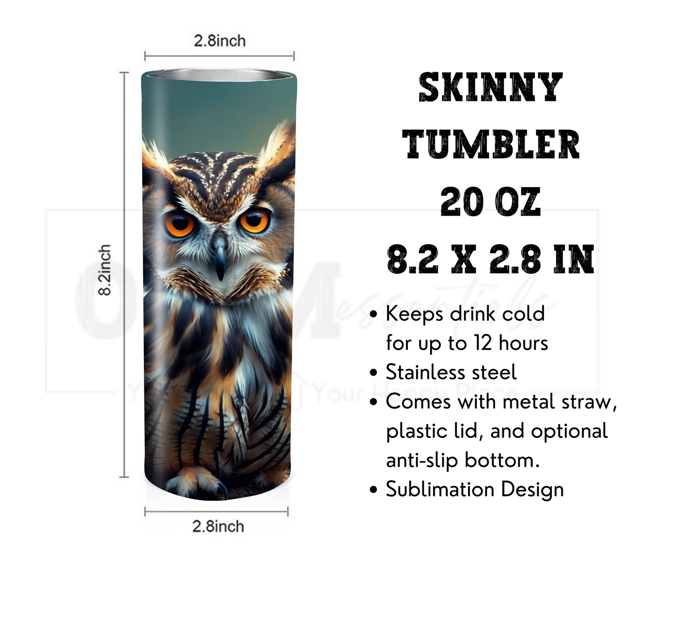 Owl 20 oz Skinny Tumbler with Straw - Stainless Steel, Eco-Friendly, Reusable Metal Straw - Lid Drink Drinkware Water Bottles